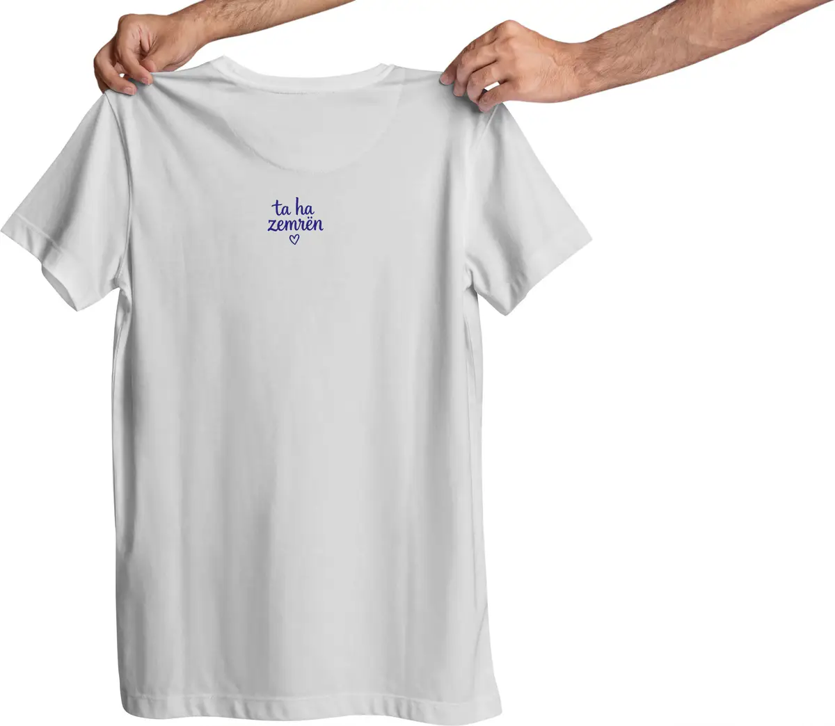 White t-shirt front with small blue ta ha zemren chest print