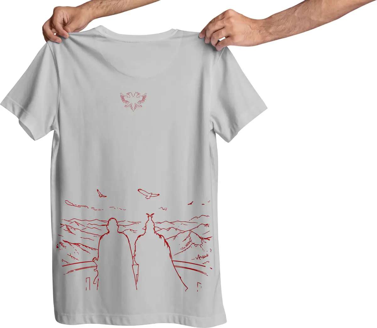 White t-shirt back with red Albanian mountain and eagle line artwork