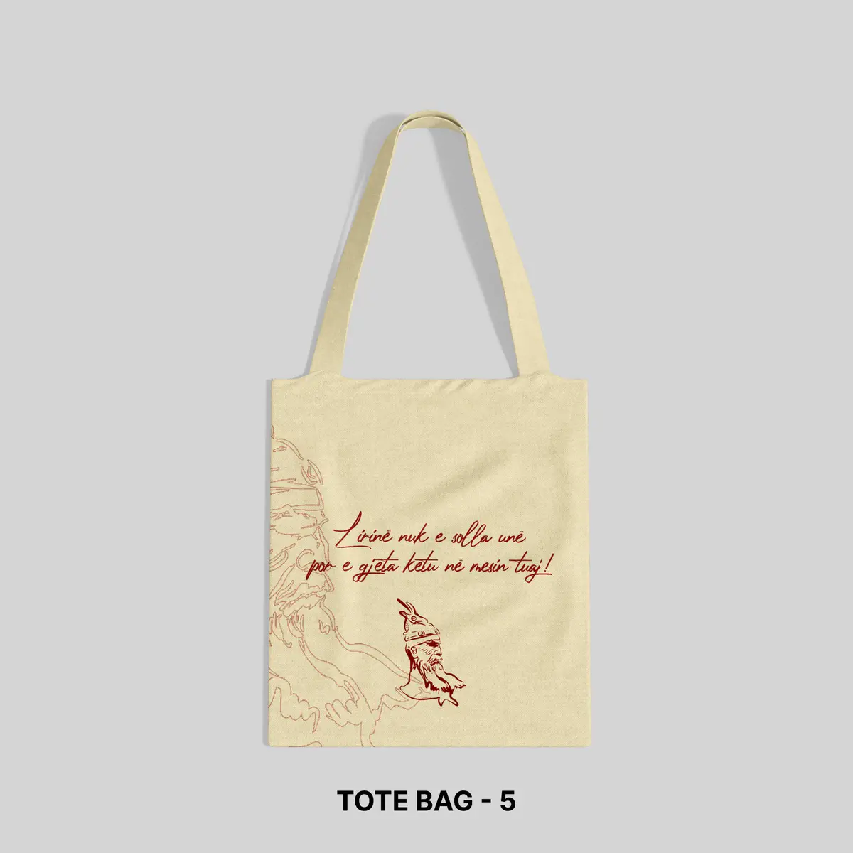 Natural tote bag with Albanian script and Skanderbeg artwork