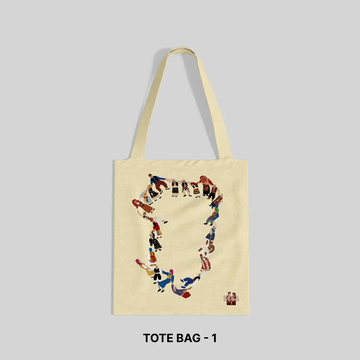 Natural tote bag with colorful Albanian traditional dancers in a circle